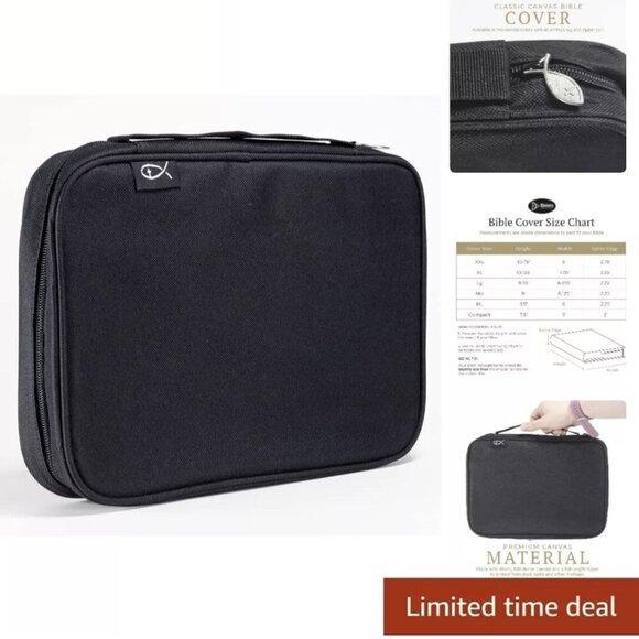 Premium 600 Denier Black Canvas Bible Cover with Pockets & Bookmarks - XXL Size - Picture 1 of 10